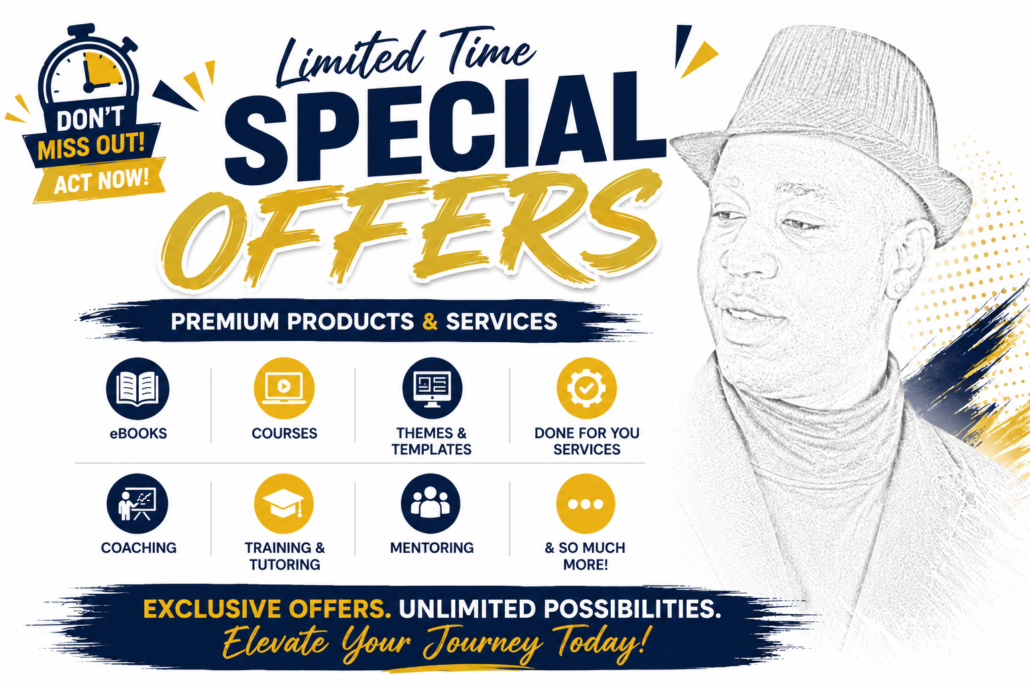Promotional poster for limited-time offers on premium products and services (eBooks, courses, templates, coaching, mentoring).