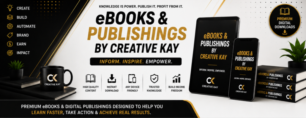 Promotional banner for eBooks & Publications by Creative Kay, showing a laptop and tablet with the title, a mug, stacked books, and a left-side menu of features like Create, Build, Automate, Brand, Earn, Impact.