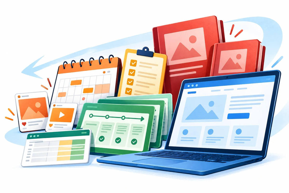 Left-facing illustration of a website laptop, ebooks, launch roadmap, content calendar, checklist and budget spreadsheet.