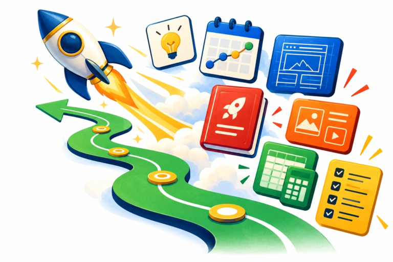 Left-facing launch-journey illustration with a rocket, idea card, roadmap, website blueprint, content tools, budget tracker and checklist.