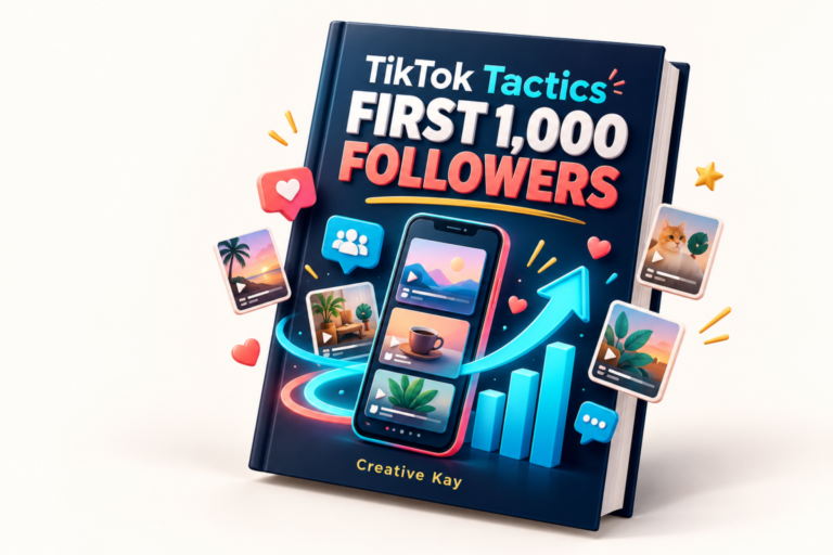 Tilted concept cover for TikTok Tactics to First 1,000 Followers by Creative Kay.