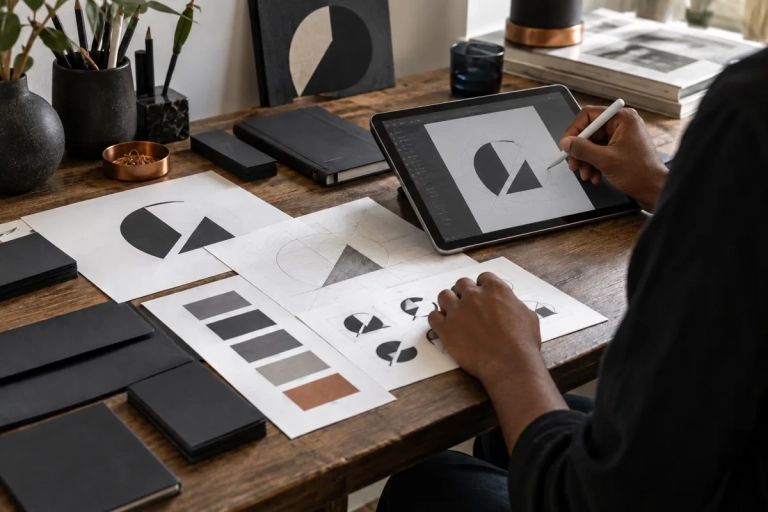 Illustrative graphic design workbench showing a brown-skinned creator’s hands