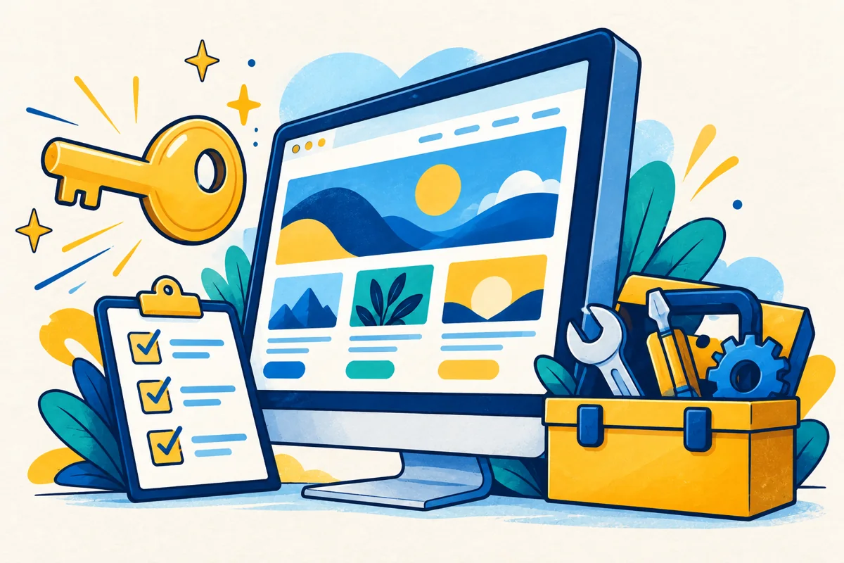 Left-facing illustrated ready-built website with gold key, toolbox and checklist