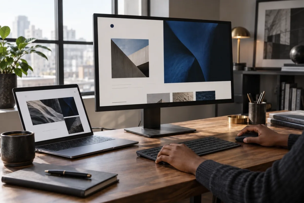 Illustrative website design workspace showing a brown-skinned creator’s hands