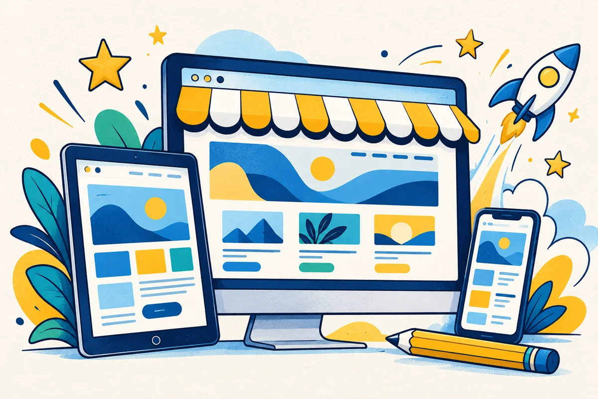 Cartoon illustration of a website storefront on desktop, tablet and phone, with a launch rocket and pencil