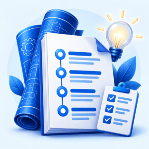 Blue illustrated blueprint, step-by-step guide and checklist for the INFO ONLY package.