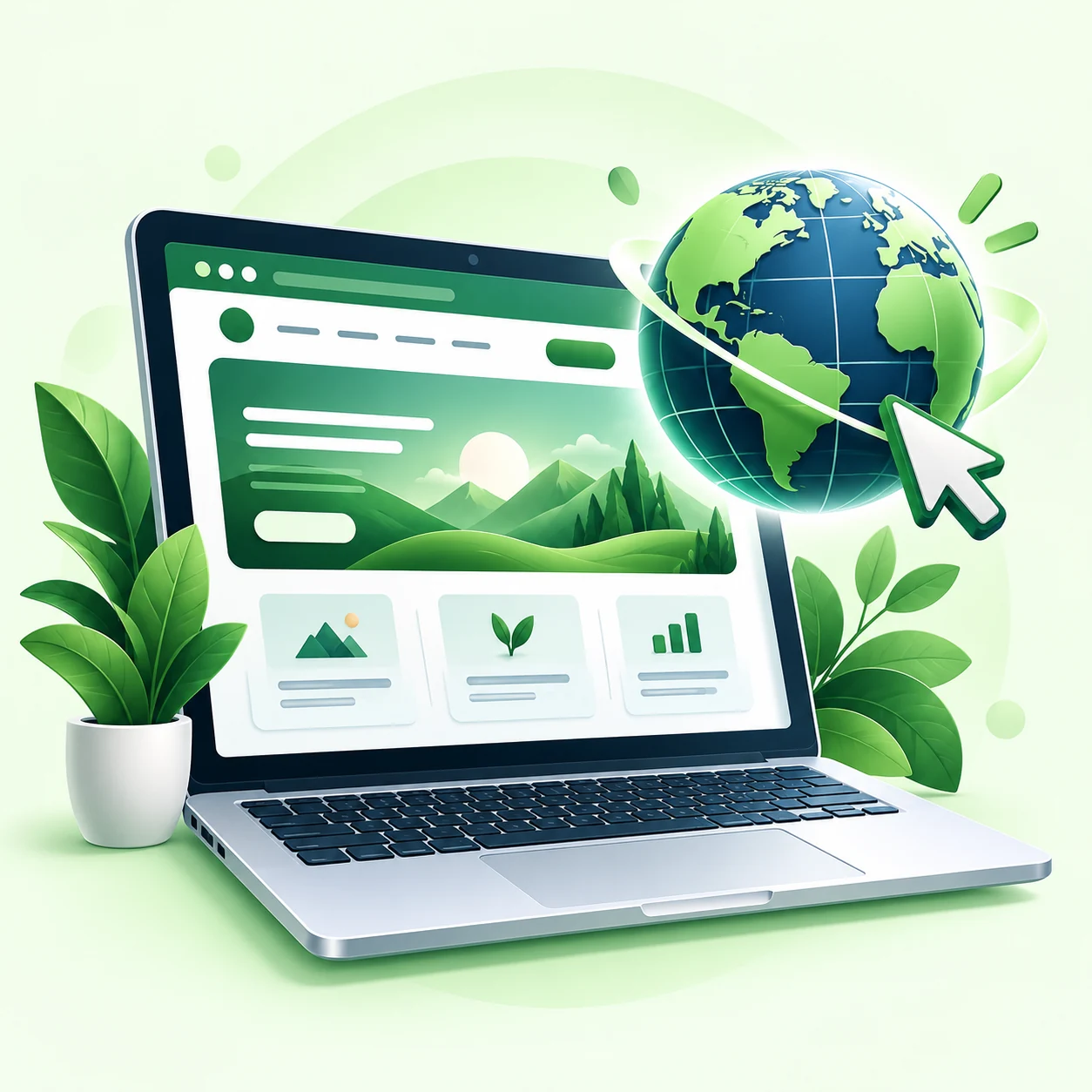 Green illustrated laptop and globe representing the STANDARD website setup package.