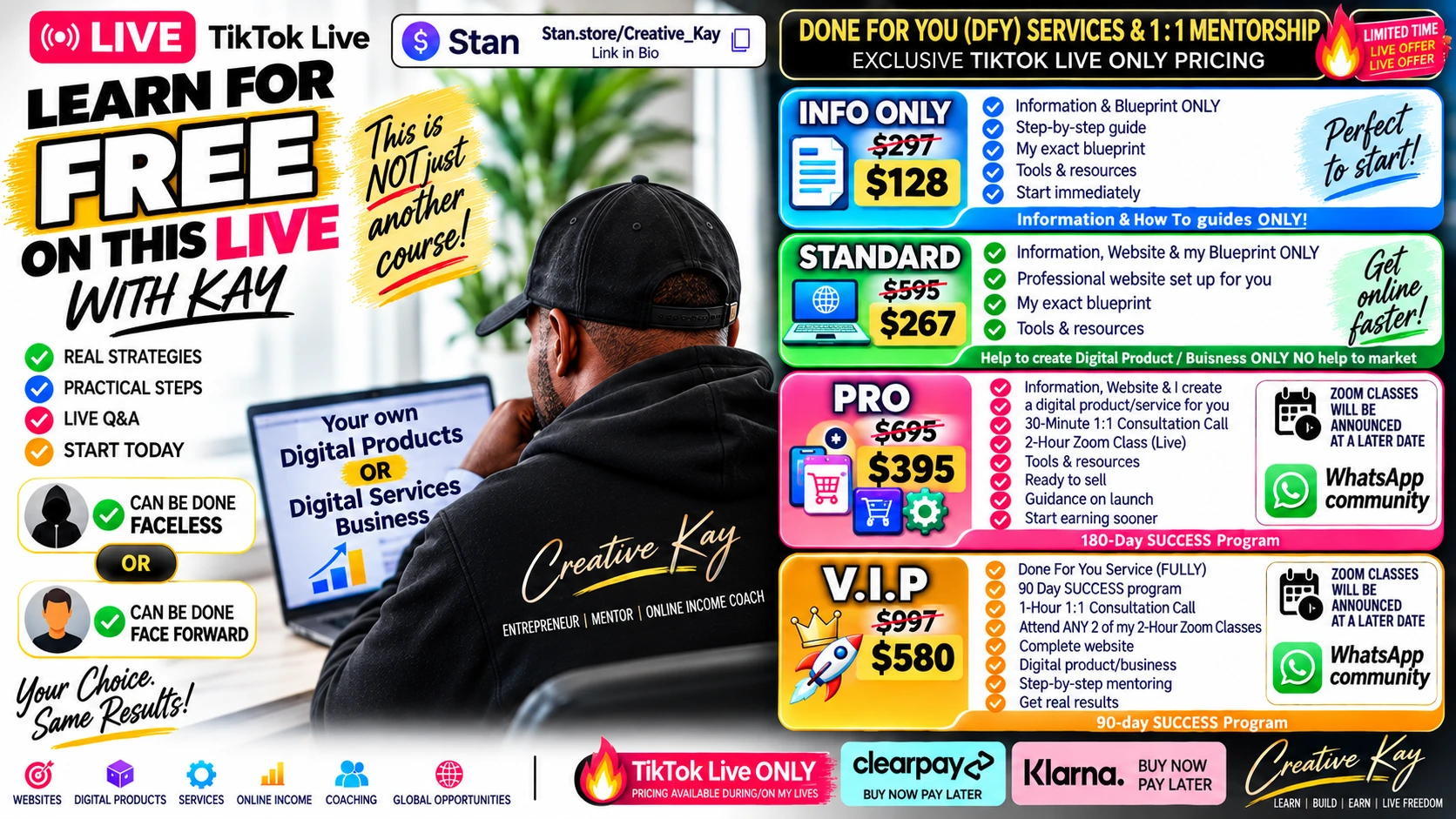 Creative Kay TikTok LIVE offers: INFO ONLY $128, STANDARD $267, PRO $395 and V.I.P. $580, with regular after-LIVE prices of $297, $595, $695 and $997 shown crossed out.