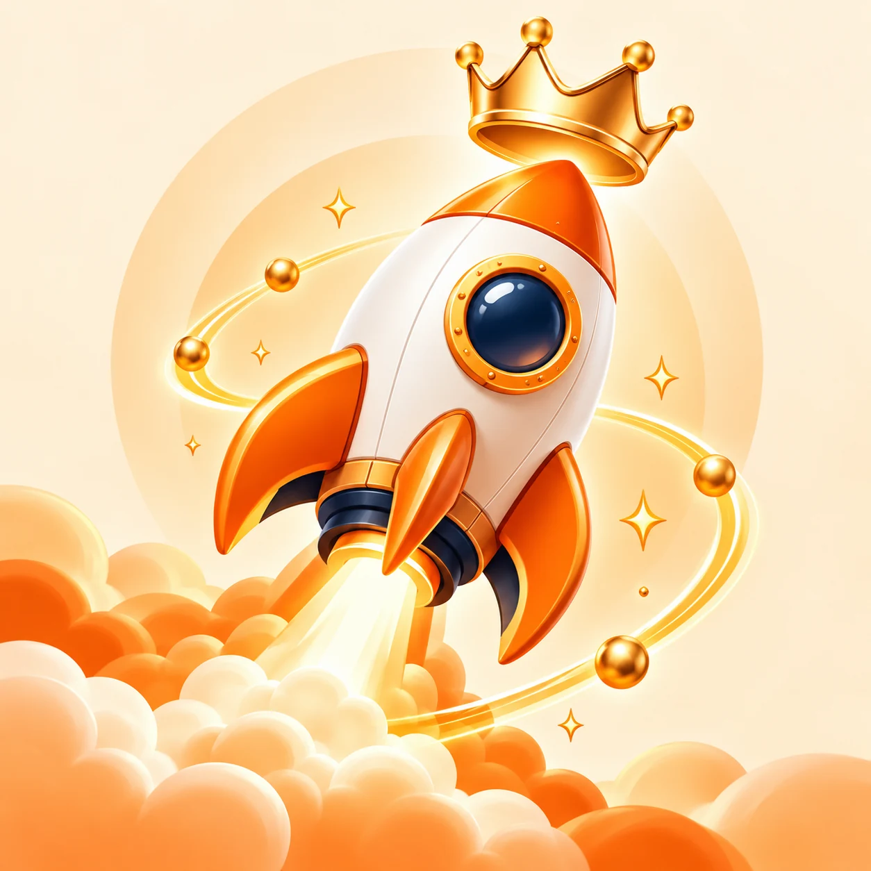 Orange illustrated rocket and crown representing V.I.P. guidance and momentum.