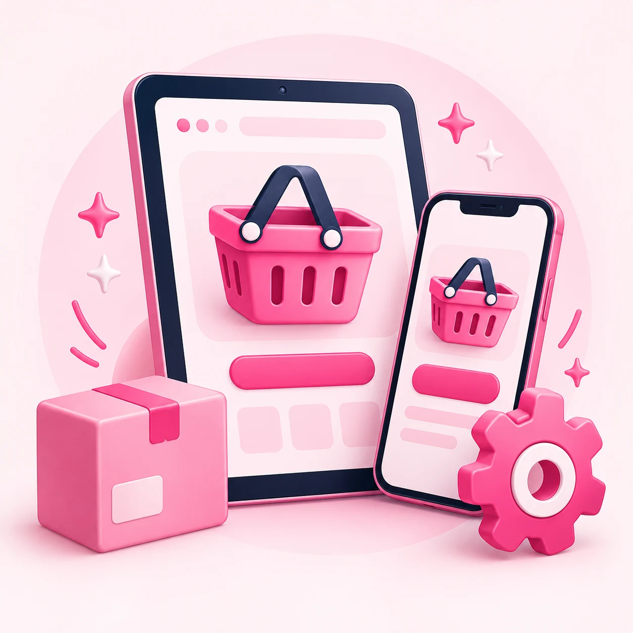 Pink illustrated tablet, phone, shopping basket and gear representing the PRO product creation package.